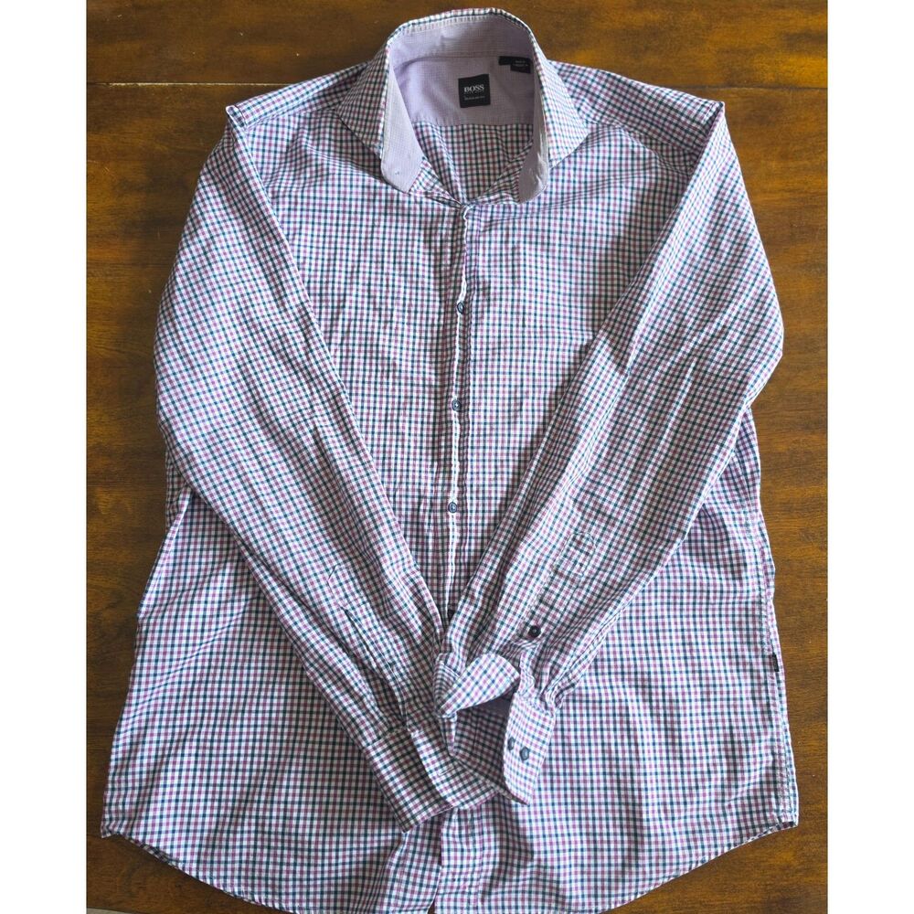Hugo Boss BOSS Regular Fit Plaid Dress Shirt Purple Navy White Size Large